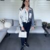 Blouse Beige met Navy Print