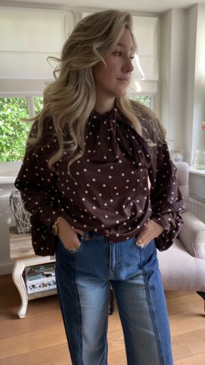 Blouse Donker Bruin/ Witte stip