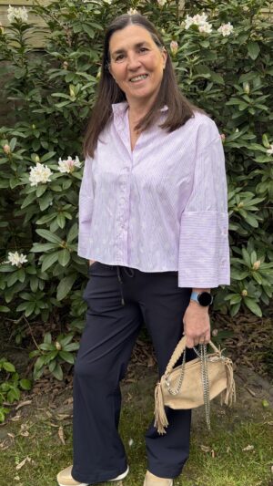 Blouse roze / Witte Streep met Strass Steentjes